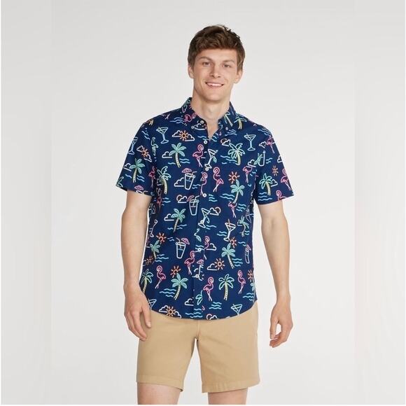 NWT Chubbies Performance Polo Men's Large Neon Light Print Navy Tropical Fun - Picture 1 of 9